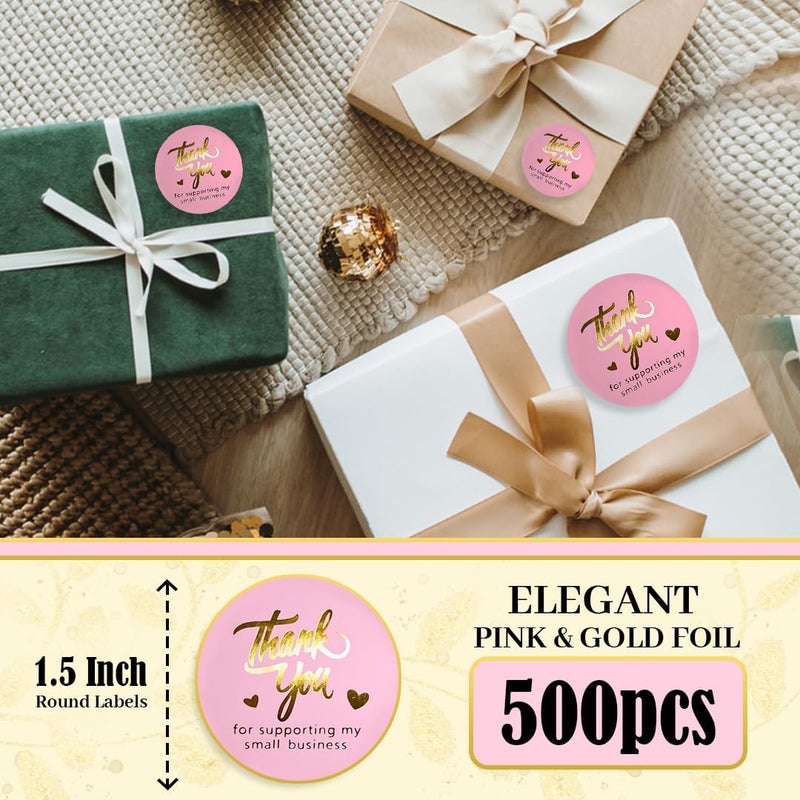 IBAKE Pink Thank You Stickers Gold Foil – 500 Waterproof 1.5” Round Labels for Small Business Packaging, Custom Thank You Labels for Envelopes, Gift Bags, Boxes, Cards & Orders - Image 2